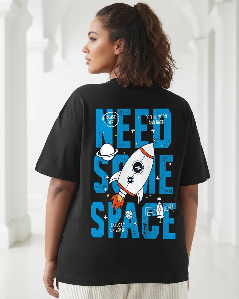 bewakoof Women's Black Space X Graphic Printed Oversized Plus Size T-shirt